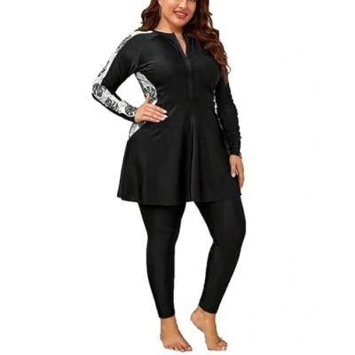 Image of kewing 2 Piece Muslim Women Full Cover Plus Size Swimwear Modest Arab Swimsuit Burkini Set Beachwear Bathing Suit