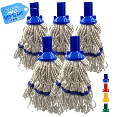 Image of Blue Looped Cotton Mop Heads Replacement with Absorbent Yarn, Self Threading Floor Head, Mops for Hard Floor, Tiles, Wood, Laminate Color Coded Commercial Cleaning Pack of 5