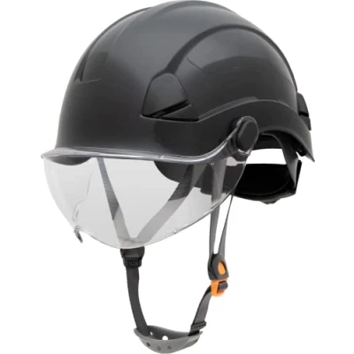 Image of Honeywell Fibre Metal Safety Helmet with Visor, Hard Hat for Construction, Non Vented, 4 point buckle chinstrap, 6 ratchet suspension, Resistant to extreme temperatures, Black, FSH10011E