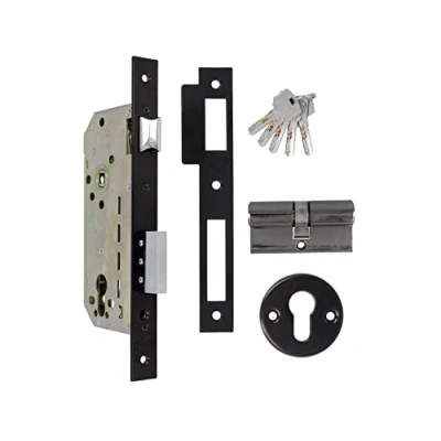 Image of Amig Mortise Lock with Security Cylinder and Key + 5 Keys for Wooden Entry Doors Black Finished Steel Reversible Handle 8mm
