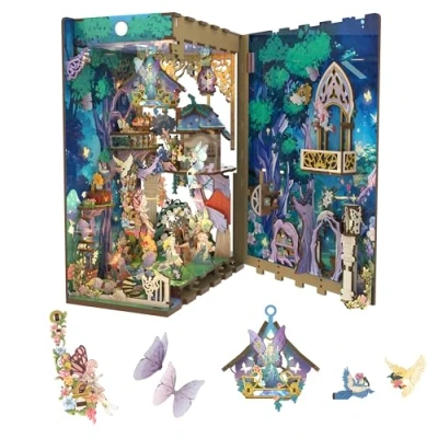 Image of Tonecheer x BRITISH LIBRARY DIY Book Nook Kit, Shakespeare 3D Wooden Puzzle for Adults,Miniature House Booknook Bookshelf Insert Decor with LED Lights Unique Gifts(A Midsummer Night&#039;s Dream)