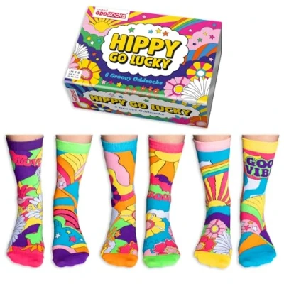 Image of United Odd Socks 6 Packmottomotive Socks, Women&#039;s, Size: 3,5 7,5, Hippy go lucky