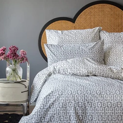 Image of LERUUM Duvet Cover Bedding Set Geometrical Reversible Greek Key Pattern%100 Cotton Luxurious Quilt Bed (200x200 + 2(65x65), Classy Grey)