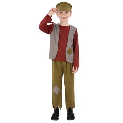 Image of Smiffys Boys’ Victorian Poor Boy Costume Historical Fancy Dress for Kids Oliver, Street Urchin, Chimney Sweep World Book Day &amp; School Play Outfit Top/Waistcoat, Trousers Hat Age 7 9
