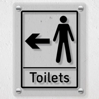 Image of V Safety Mens Toilets Arrow Left 200 x 300 mm Acrylic Perspex Cast Clear Sign