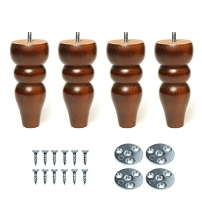Image of Britwood 6’’ Wooden Bun Furniture Replacement Legs Feet Walnut Colour Beech Wood M8 Thread Level Mounting Plates Set Of 4 For Sofa Cabinet Footstool Chair Bed Ottoman TALLIN 15 CM