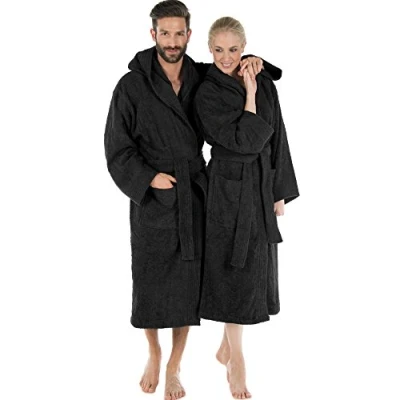 Image of CelinaTex Montana Bathrobe, Hooded, Plain, Long, Patched Pockets, Stitching, Women, Men, Unisex, 100% Cotton, Black, M