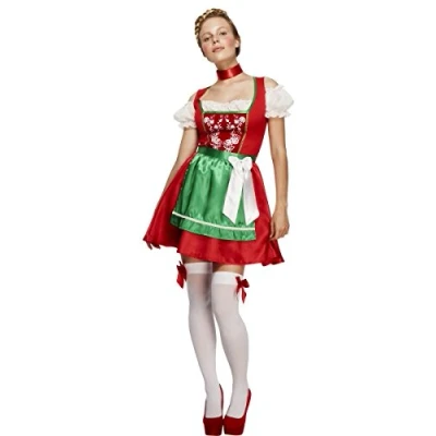 Image of Smiffys Fever Christmas Dirndl Costume, Red with Dress and Attached Underskirt, Fancy Dress, Adult Up Costumes