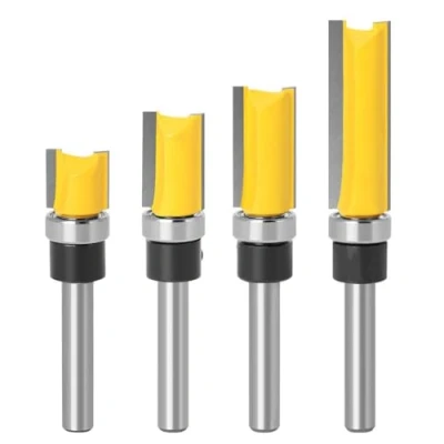 Image of Bohaner 4 Pcs 1/4 Inch Shank Flush Trim Pattern Router Bit Set Professional Straight Tools Woodworking Template Cutter with Bearing Wood Top Milling