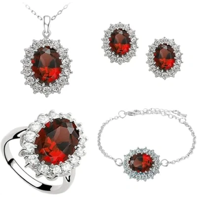 Image of TOFBS Jewellery Set for Women and Girls Cubic Zirconia Pendant Necklace Earrings Bracelet Ring Princess Diana (Red)
