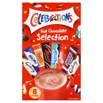 Image of Celebrations Hot Chocolate Sachets 25g x 8 Gift Set Featuring Galaxy, MilkyWay, Twix, Mars, Bounty, Maltesers, Snickers and Galaxy Caramel (Pack of 1)