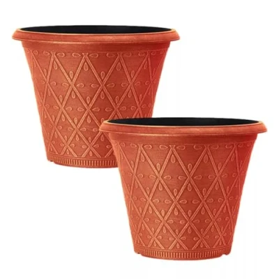 Image of Fyne Finds Set of 2 Plastic Prisma Planters 30cm, 12inch Festive Green 9 Liter Pots Garden Patio Plant Cover Home Decorative Weatherproof &amp; Drainage Holes