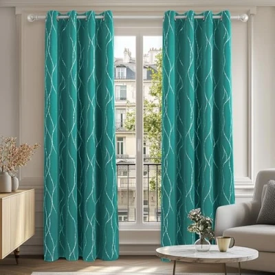 Image of Deconovo Eyelet Blackout Curtains Thermal Insulated Noise Reducing Silver Dotted Line Foil Printed for Bedroom 46x90 Inch Turquoise 2 Panels