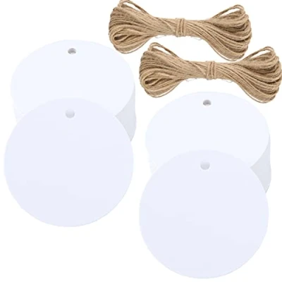 Image of G2PLUS 100PCS Round Gift Tags White Paper Labels 5.5 CM Circle Blank Hang with Jute Twine, Perfect Tag for Art &amp; Craft Project
