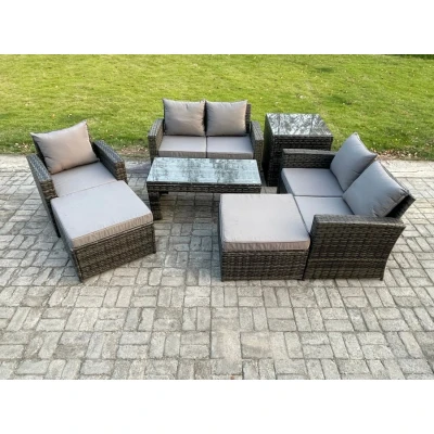 Image of 7 Seater Outdoor Rattan Patio Furniture Set Garden Lounge Sofa with Side Table 2 Big Footstool Coffee Dark Grey Mixed Fimous