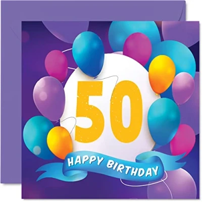 Image of 50th Birthday Card for Men Women Balloon Party Happy Cards 50 Year Old Man Woman Mum Dad Auntie Uncle Grandad Nan Grandma Brother Sister, 145mm x Bday Greeting Gift
