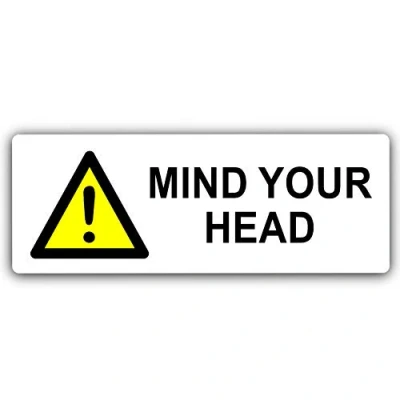 Image of METAL Mind Your Head WITH IMAGE Aluminium WHITE Warning Door Notice Office Shop Warehouse School Cafe Business Health Safety