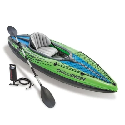 Image of Intex Challenger K1 Kayak 1 Man Inflatable Canoe with Aluminum Oars and Hand Pump, Green/Blue