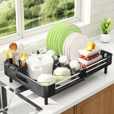 Image of SAYZH Dish Drainer Rack, Expandable Stainless Steel Sink Rack and Draining Board Set, Drying with Utensil Holder Swivel Drainage Spout for Kitchen Counter, Black