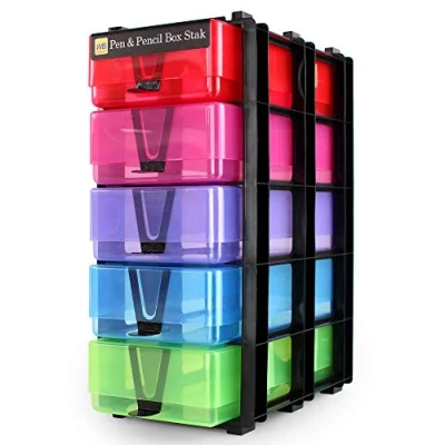 Image of WestonBoxes Box Stak Storage Unit Including 5 Pen &amp; Pencil Boxes for Pens, Pencils and Stationery (Multicolour/Transparent, Pack of 1)
