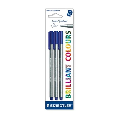 Image of Staedtler 334 3 BK3 Fineliner Triplus, Pack of 3, Triangular, 0.3 mm, Blister Card, Blue