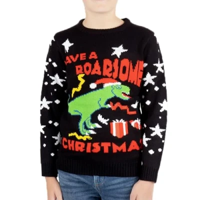Image of NOROZE Kids Christmas Jumpers Boys Girls Retro Elf Snowman Santa Fairisle Reindeer Novelty Sweater Children Gifts Xmas Jumper (11 12 Years, Roarsome T Rex Black)