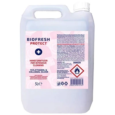 Image of 5 Litre Hand Sanitiser Gel, 74% Alcohol EN14476 Certified, Biofresh Protect Intensive Cleansing 5L Refill UK Stock