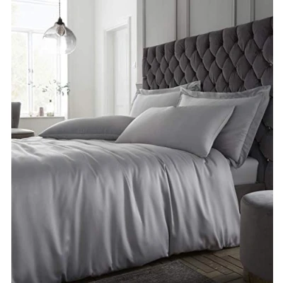 Image of Catherine Lansfield Silky Soft Satin Double Duvet Cover Set with Pillowcases Silver Grey