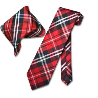 Image of Vesuvio Napoli Black Red White PLAID NeckTie &amp; Handkerchief Matching Tie Set