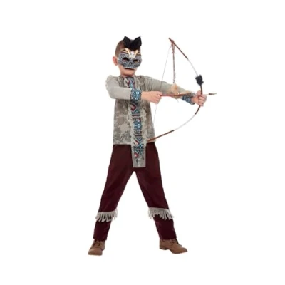 Image of Smiffys Dark Spirit Warrior Costume, Grey Top, Trousers &amp; Mask, Halloween Child Fancy Dress, Dress Up Costumes