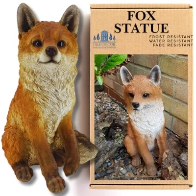 Image of G&amp;H Decor Realistic Fox Woodland Polyresin Statue Hand Painted Figurine Intricate Detail Suitable for Indoor or Outdoor Use Weather Resistant Animal Lawn Garden Ornament Gifts (Sitting)