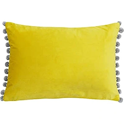 Image of Riva Paoletti Fiesta Rectangular Cushion Cover Mimosa Yellow Silver Pompom Edges Faux Velvet Reversible Zip Closure 100% Polyester 35 x 50cm ( 14&quot; 20&quot; inches)