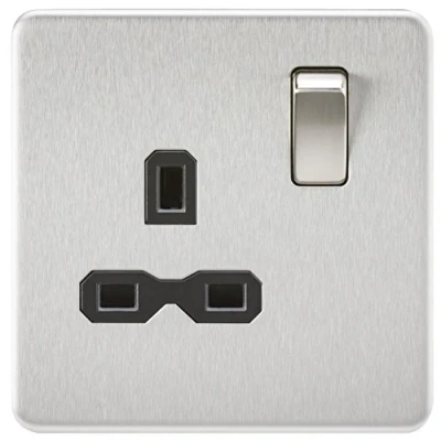 Image of KnightsBridge 1G 13A 230V Screwless Brushed Chrome UK 3 Pin Switched Electrical Wall Socket Black Insert