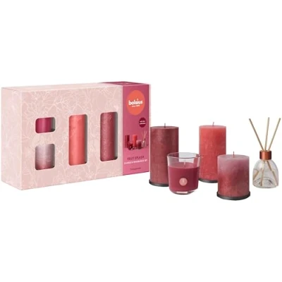Image of Bolsius Rustic Pillar Candles with Reed Diffuser and Scented Candle Gift Set of 5 Fruit Splash Pomegranate Decorative Household Long Burning Time Includes Natural Vegan Wax
