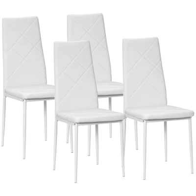 Image of HOMCOM Dining Chairs Set of 4, Modern Upholstery Faux Leather Kitchen with High Back and Steel Legs for Living Room, White