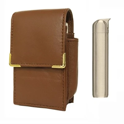 Image of Knight Tan Leather Cigarette Case lighter holder with personalised slimline electronic gas