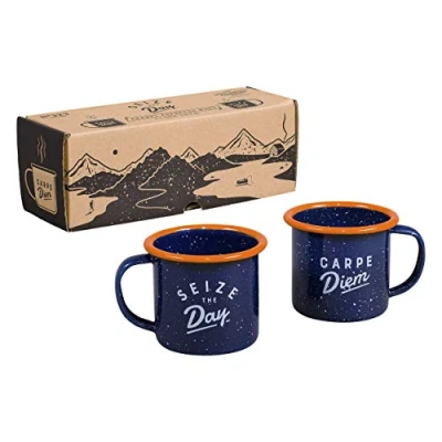 Image of Gentlemen&#039;s Hardware GEN323UK Enamel Espresso Set, Camping and Hiking Coffee Cups, 120 milliliters, Navy/Orange