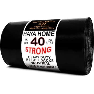 Image of Haya Home 100L 40 Strong Black Plastic Bin Bags Heavy Duty Liners, Refuse Sacks Pack of X 1 Waste Dustbin roll for Kitchen Office DIY Garden 100% Recycled Material