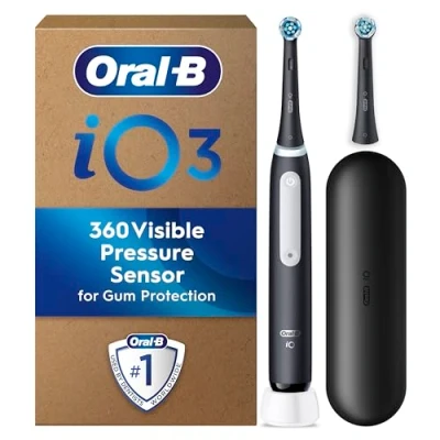 Image of Oral B iO 3 Matt Black Ultimate Clean Electric Toothbrush, 2 Toothbrush Heads,1 Travel Case, Designed by Braun