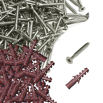 Image of 400 PCE Pozi Screws &amp; Brown Raw Fixing Plugs, Twin Thread 4.2 x 51mm Countersunk