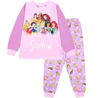 Image of Disney Princesses Personalised Pyjama for Kids 100% Cotton Long Sleeve Winter Soft and Comfortable Gift Girls PJ Set Age 4/5 Pink