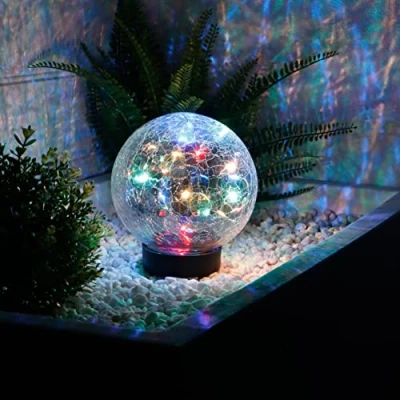Image of Gardenwize Solar Powered Multi Coloured Crackle Ball, Garden Light 15cm Ball 15 LED Lights No Running Costs, Energy Efficient Patio, Decking, Walkway, Flower Bed