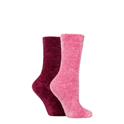 Image of Elle Ladies Chenille Leisure Socks Pack of 2 Raspberry/Rose 4 8