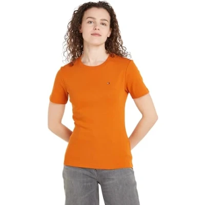 Image of Tommy Hilfiger Women&#039;s New Slim Cody C nk Ss Ww0ww40587 S/S Knit Tops, Orange (Autumn Orange), M