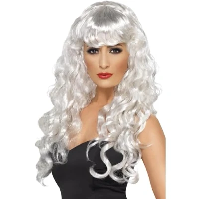 Image of Smiffys Siren Wig, White Long, Curly with Fringe, Ladies Glamour Wigs Fancy Dress, Adult Dress Up