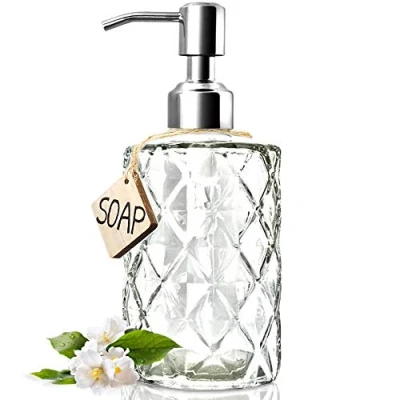 Image of JASAI Diamond Design 12 Oz Glass , Kitchen Soap Dispenser with 304 Rust Proof Stainless Steel Pump, Bathroom for Hand Soap, Lotion(Clear)