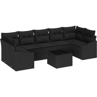 Image of vidaXL 8 Piece Garden Sofa Set with Cushions Black Poly Rattan