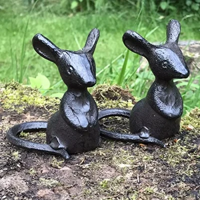 Image of Animal Crackers Pair of solid cast iron mice garden ornament decorations in a &#039;listening&#039; pose, mouse lover gift