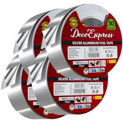 Image of DECO EXPRESS Aluminium Foil Tape Adhesive Insulating Sealer 4.5cm x 10m/25m/50m Heat Resistant Waterproof Insulation (50 M, 4 Pcs)