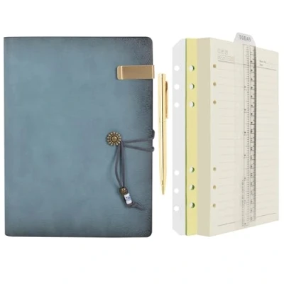 Image of WONDERPOOL Leather Journal Lined Paper Notebook &amp; Pen Refillable 6 Ring Binder Writing Spiral Diary with Ruled Notepads Vintage Cover for Office Travel Work and Plan Agenda (a Cyan, A5)